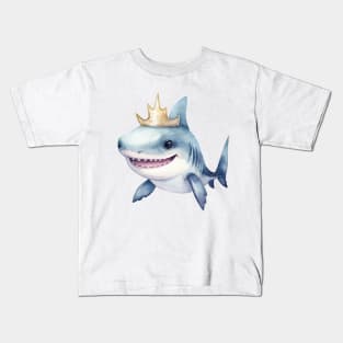 Watercolor Great White Shark Wearing a Crown Kids T-Shirt